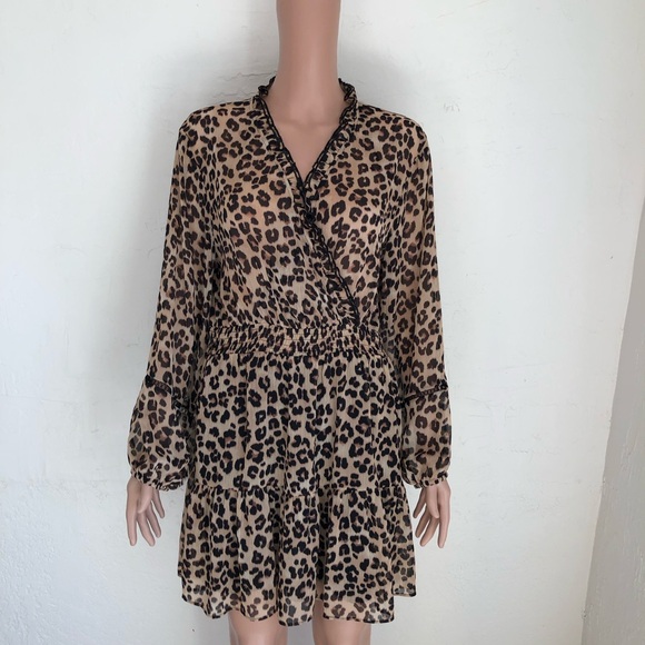 Zara Leopard Animal Print Folded Mini Dress Long Sleeves Flare Women’s Size L - Picture 1 of 16